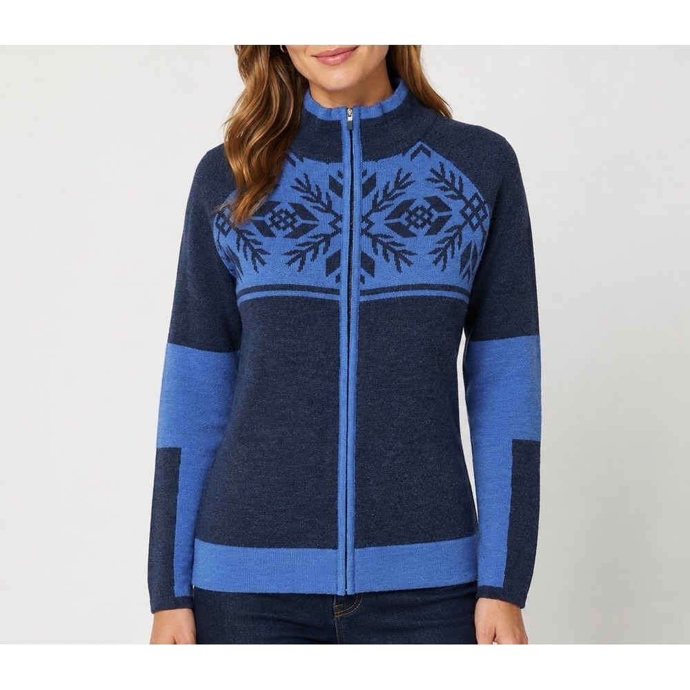 Krimson Klover Sweater Full Zip Wool Nordic Fair Isle Snowflake Blue Medium